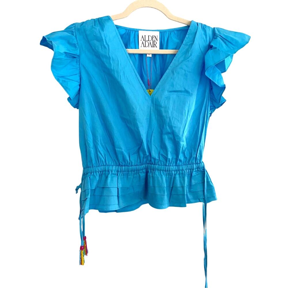 Alden Adair Marina Short Sleeve Top, Ocean Blue, Ruffle, Large, 149$ NWT
